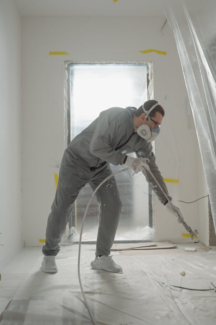 Worker applying paint with a spray gun in a protected indoor renovation site.